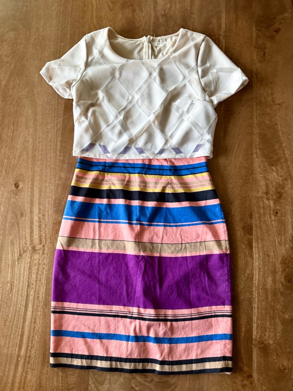 Cream Textured Crop Top Multicolor Striped Dress